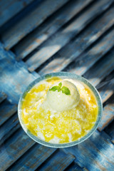 coconut sorbet with mango sauce and vanilla ice cream