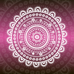 White round ornament on color background. Background with mandala or abstract flower. Ethnic indian boho design