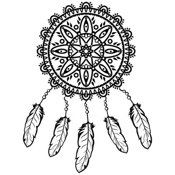 Dream catcher graphic in black and white  decorated with feathers and beads  giving its owner good dreams in mandala style