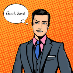 Vector illustration of successful businessman smiling, smirking in pop art comics retro style or cartoon style casting shadow, Halftone. Conception of charm, charisma, captivation.