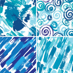Set of seamless pattern with blots and ink splashes in blue colo