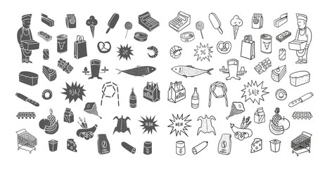 Hand drawn collection of supermarket symbols. Food, drinks, bakery. 