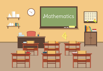 Vector flat illustration of mathematic classroom at the school, university, institute, college. Desks with books rulers, prism, pyramid, table, barrel. Lesson for diploma, teaching and learning