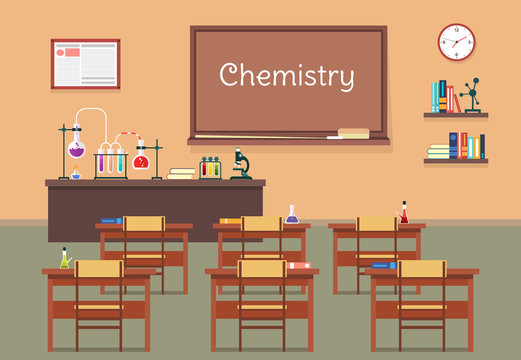 Vector flat illustration of chemistry lassroom at the school, university, institute, college. Desks with books rulers, flasks, bottles, beaker, microscope, blackboard, chalk, bookshelf, clock