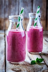 juicy blackberry smoothies in glass bottles