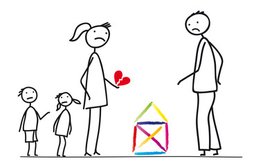 Scheidung - Familie in Trennug, Mutter, Vater und Kinder, Streit um das Eigenheim und den Besitz, die Kinder und ein zerbrochenes Herz, Vektor isoliert