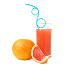 Tall glass filled with the grapefruit juice, blue curved drinking straw and fruits, composition isolated over the white background
