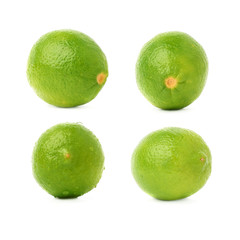Set of four single limes in different compositions and foreshortenings, isolated over the white background