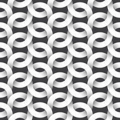 Abstract repeatable pattern background of white twisted strips. Swatch of intertwined wavy strips. Seamless pattern with volume effect.