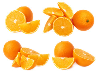 Served orange fruit composition isolated over the white background, set of different foreshortenings