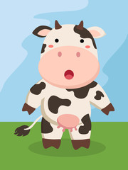 vector illustration of a little cute cow cartoon standing in field background