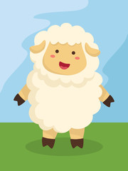 vector illustration of a little cute sheep cartoon standing in field background