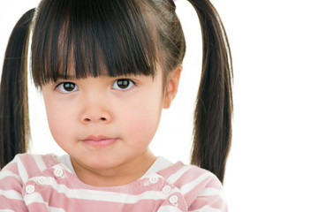 asian angry little girl with pigtail isolated on white