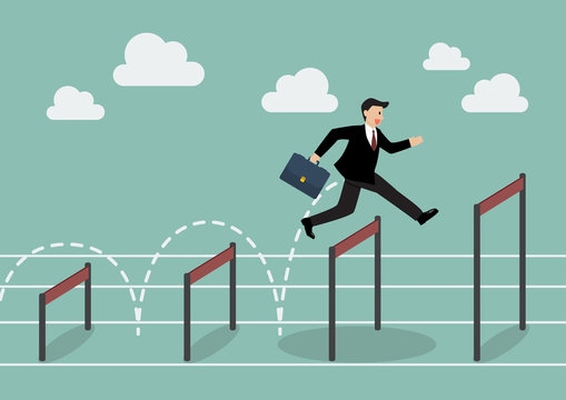 Businessman jumping higher over hurdle
