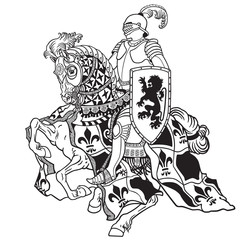 medieval knight riding armored horse in gallop. Black and white vector