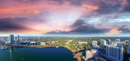 Beautiful sunset aerial view of Downtown Orlando