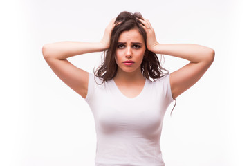 Fototapeta premium sick woman suffers from headache, migraine, hangover, stress