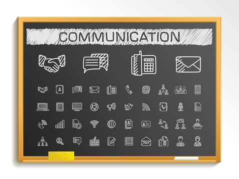 Communication hand drawing line icons. Vector doodle pictogram set. chalk sketch sign illustration on blackboard with hatch symbols, business, social, internet, mail, chat, meeting and speech.
