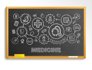 Medical hand draw integrate icon set on school board. Vector sketch infographic illustration. Connected doodle pictogram, healthcare, doctor, medicine, science, emergency, pharmacy interactive concept