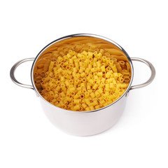 Metal pan filled with dry ditalini pasta over isolated white background