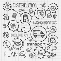 Logistic hand draw integrated icons set. Vector sketch infographic illustration with line connected doodle hatch pictograms on paper. distribution, shipping, transport, services, container concepts © Hilch