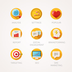Marketing agency icons set. Modern flat colored illustrations. Web industry objects and marketing items related icons. 