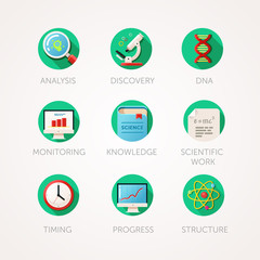 Science icons set. Modern flat colored illustrations. Physics and biology related icons. 