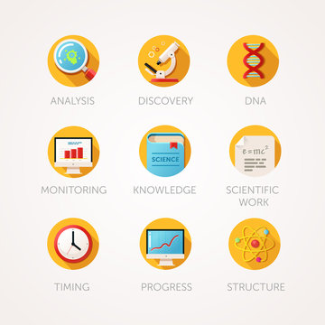 Science icons set. Modern flat colored illustrations. Physics and biology related icons.