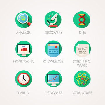 Science icons set. Modern flat colored illustrations. Physics and biology related icons. 