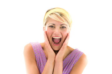 vintage 70s blonde model with violet dress portrait isolated on white