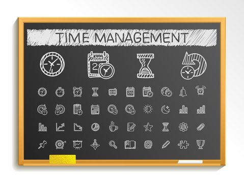 Time management hand drawing line icons. Vector doodle pictogram set. chalk sketch sign illustration on blackboard with hatch symbols, schedule, alarm, event, calendar graphic, plan, date and bell.