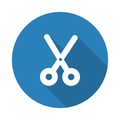 Flat white Scissors web icon with long drop shadow on blue circl