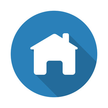 Flat white Home web icon with long drop shadow on blue circle