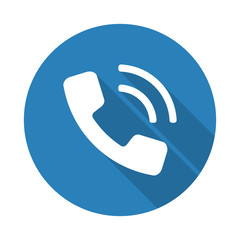 Flat white Phone web icon with long drop shadow on blue circle