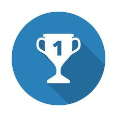 Flat white Trophy web icon with long drop shadow on blue circle