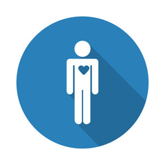 Flat white Heart web icon with long drop shadow on blue circle