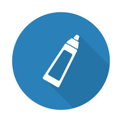 Flat white Baby Bottle web icon with long drop shadow on blue ci