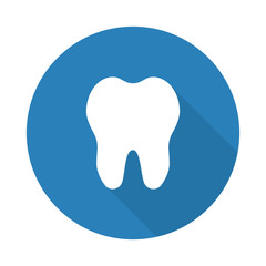 Flat white Tooth web icon with long drop shadow on blue circle