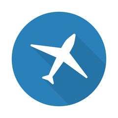 Flat white Airplane web icon with long drop shadow on blue circl