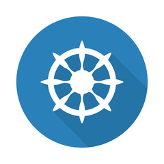 Flat white Boat Wheel web icon with long drop shadow on blue cir