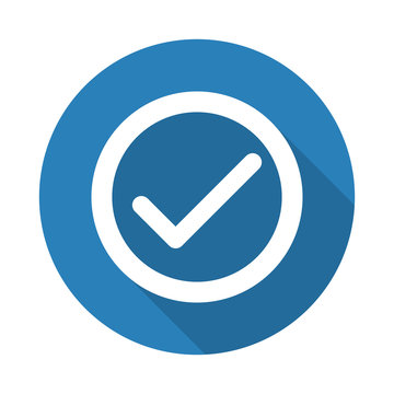 Flat white Confirm web icon with long drop shadow on blue circle