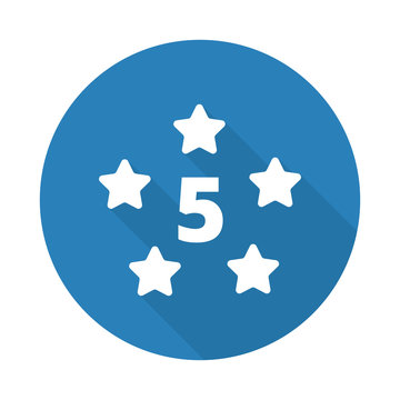 Flat white Five Star web icon with long drop shadow on blue circ