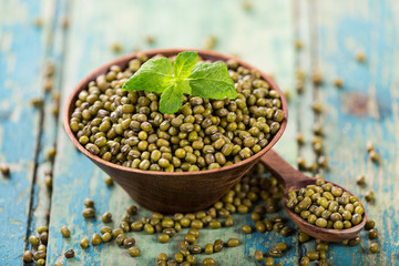 Raw green beans on old wooden bowl.