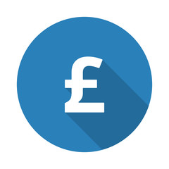 Flat white Pound web icon with long drop shadow on blue circle