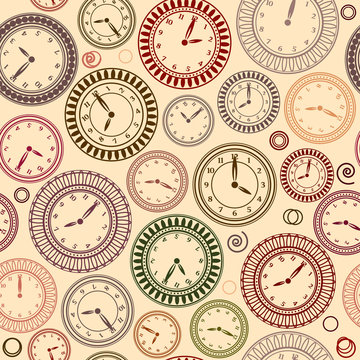 Seamless pattern with clocks on beige background