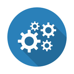 Flat white Process web icon with long drop shadow on blue circle