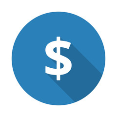 Flat white Dollar web icon with long drop shadow on blue circle