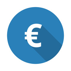 Flat white Euro web icon with long drop shadow on blue circle