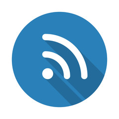 Flat white Rss web icon with long drop shadow on blue circle