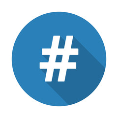 Flat white Hashtag web icon with long drop shadow on blue circle